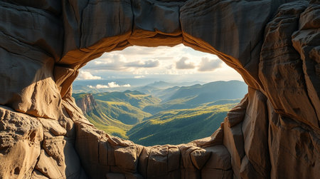 Beautiful view of the mountains through the hole in the rock.の写真素材