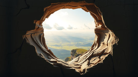 Beautiful view of the valley through a hole in the rock.の写真素材