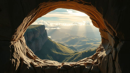 View from the hole in the rock to the valley at sunset.の写真素材