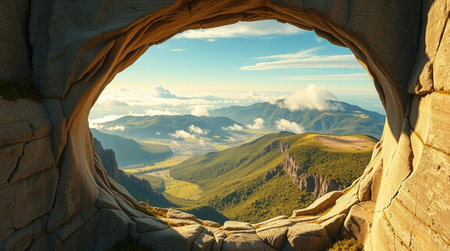 Beautiful summer landscape in the mountains. The view from the cave.の写真素材