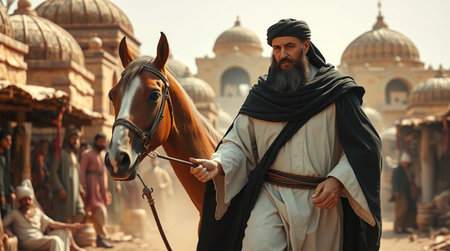 Jaisalmer, Rajasthan, India. Portrait of a man riding a horse.の写真素材