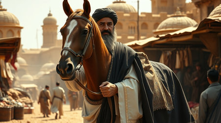 Portrait of a man with a horse.の写真素材