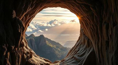 Beautiful view of the sun rising from the hole in the rockの写真素材