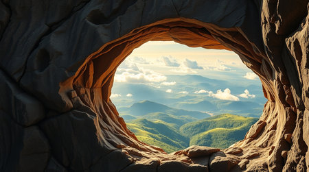 Beautiful view of the mountains through the hole in the rock.の写真素材