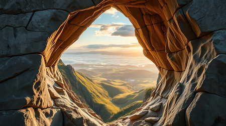 View from the window of a cave in the mountains at sunset.の写真素材