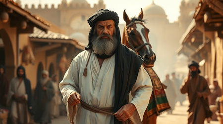 A holy man with a long gray beard and a white beard walks through the streets of Jerusalem.の写真素材