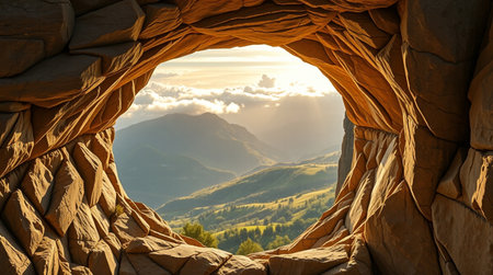 View through a hole in a rock in the middle of the mountainsの写真素材
