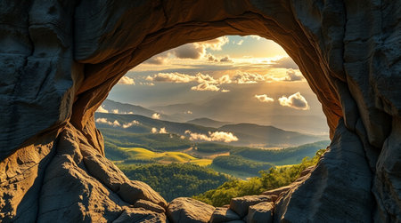 View from the cave to the mountains and the valley at sunset.の写真素材