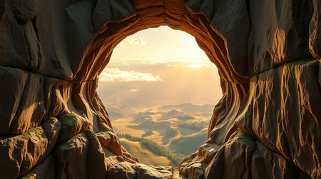 3d illustration of a cave in the mountains with a beautiful sunriseの写真素材