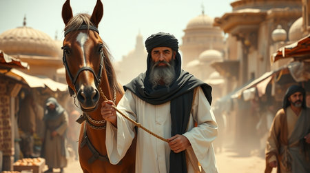 Jaisalmer, Rajasthan, India. Portrait of a man with a horse.の写真素材