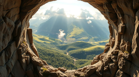 View from the window of a cave in the mountainsの写真素材