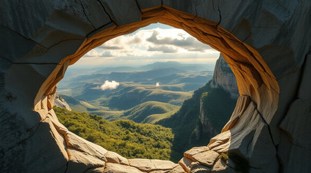View through the window of a cave in the mountains. Beautiful landscape.の写真素材