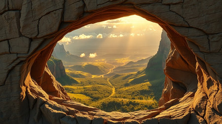 View from the hole in the rock. Hiking in the mountainsの写真素材