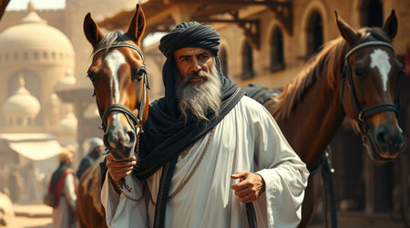Jaisalmer, Rajasthan, India. Portrait of a holy man with a beard on a horse.の写真素材