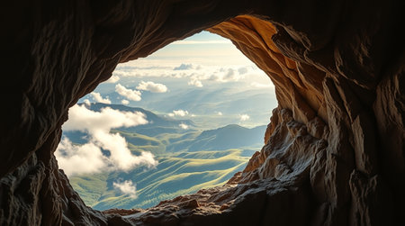 Beautiful view of the mountains from the inside of the cave.の写真素材