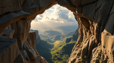 Sunset in the mountains with a hole in the sandstone wallの写真素材