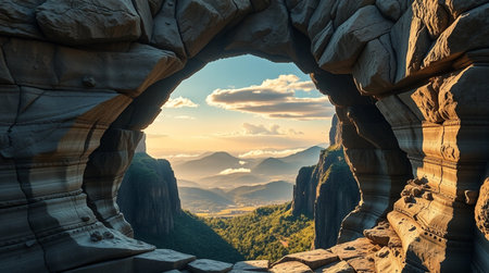 Mountain landscape at sunset with a hole in the rock wall.の写真素材