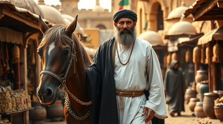 Handsome bearded man in traditional clothes with horse in the city.の写真素材