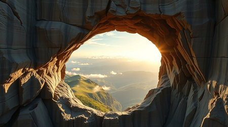 beautiful view of the mountains through a hole in the rock wallの写真素材