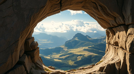 View of the valley through the window of a cave in the mountainsの写真素材