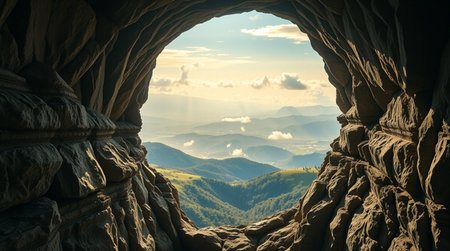View from the cave to the valley in the mountains. Landscapeの写真素材