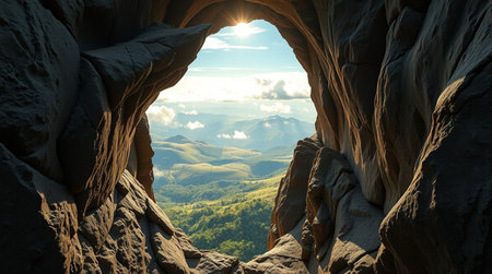 Beautiful view from the window of a cave in the mountains.の写真素材
