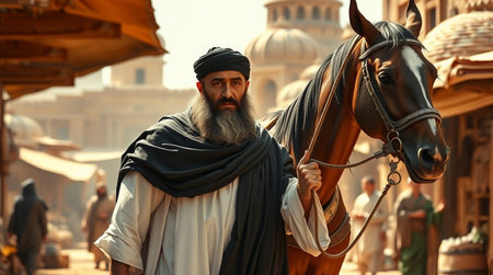 Portrait of a man with a long beard and a black horse.の写真素材