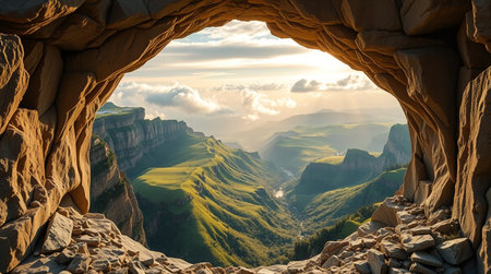 Mountain landscape with a view of the valley from the stone caveの写真素材