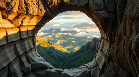 Beautiful view of the valley through the hole in the rock.の写真素材