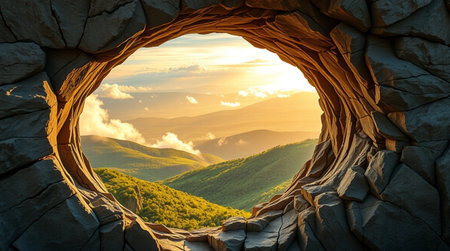 Climbing through a stone tunnel in the mountains at sunset.の写真素材
