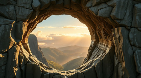 Sunset through a hole in the rock. 3d illustration.の写真素材