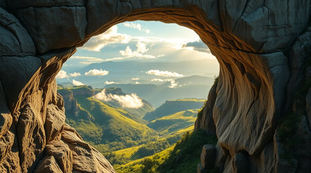 Mountain landscape with a cave in the form of a wall.の写真素材