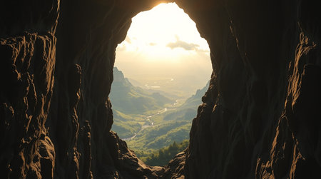 Beautiful view of the sun rising through the cave in the mountainsの写真素材