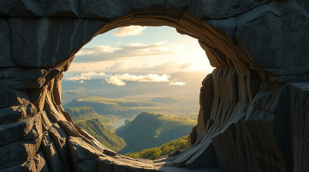 Sunset view from the window of a cave.の写真素材
