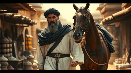 Portrait of a holy man with a beard and a turban on his head and a horse in the backgroundの写真素材