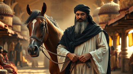 Portrait of a holy man with a long gray beard and mustache against the background of a horseの写真素材