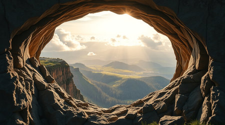 Sunset view from the hole in sandstone rock at Adrspach-Teplice Rocks, Czech Republicの写真素材