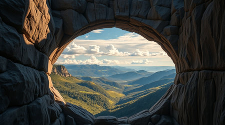 View from the window of a cave on the mountain valley in summer