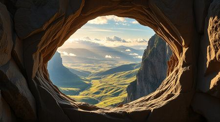 Beautiful view of the valley from the cave in the mountains.