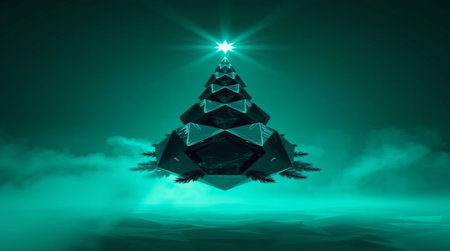 3d illustration of low poly christmas tree made of ice crystalsの写真素材
