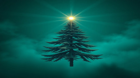 Fir tree with sun flare on dark green background. 3D renderingの写真素材