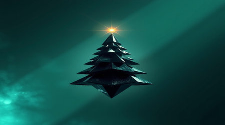 christmas tree on dark background with rays of light and copy spaceの写真素材