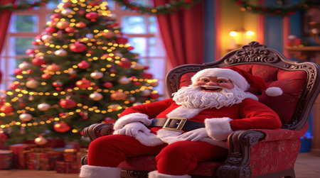 Santa Claus sitting in armchair in room with Christmas tree and giftsの写真素材