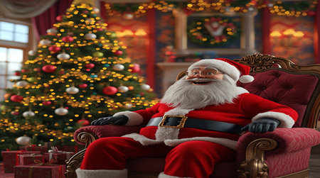 Portrait of Santa Claus sitting in armchair near Christmas tree.の写真素材
