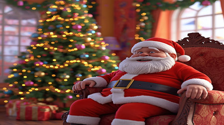 Santa Claus sitting in armchair in room with Christmas tree and presentsの写真素材