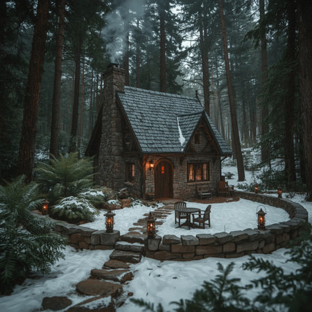 Wooden cottage in the forest in winter. Wooden cottage in the woods.の写真素材