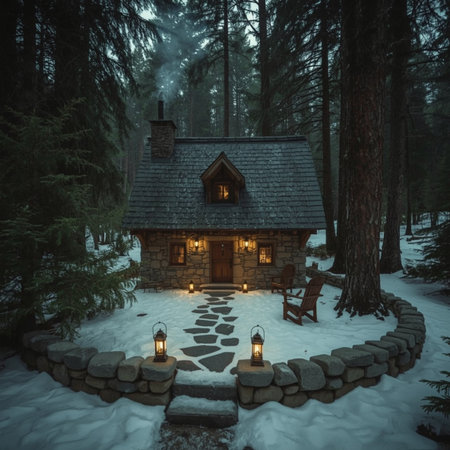 Beautiful wooden house in the forest at night. Winter landscape.の写真素材