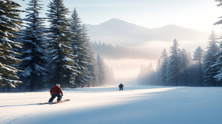 Snowboarder in the mountains at sunset. Winter sport and active lifestyle.の写真素材