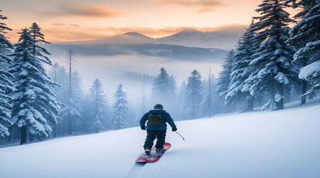 Snowboarder on the slope in the mountains at sunset. Winter sportの写真素材