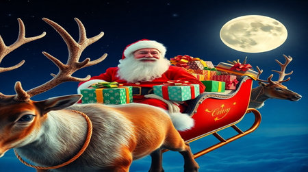 Santa Claus with reindeer and full moon. Christmas concept.の写真素材